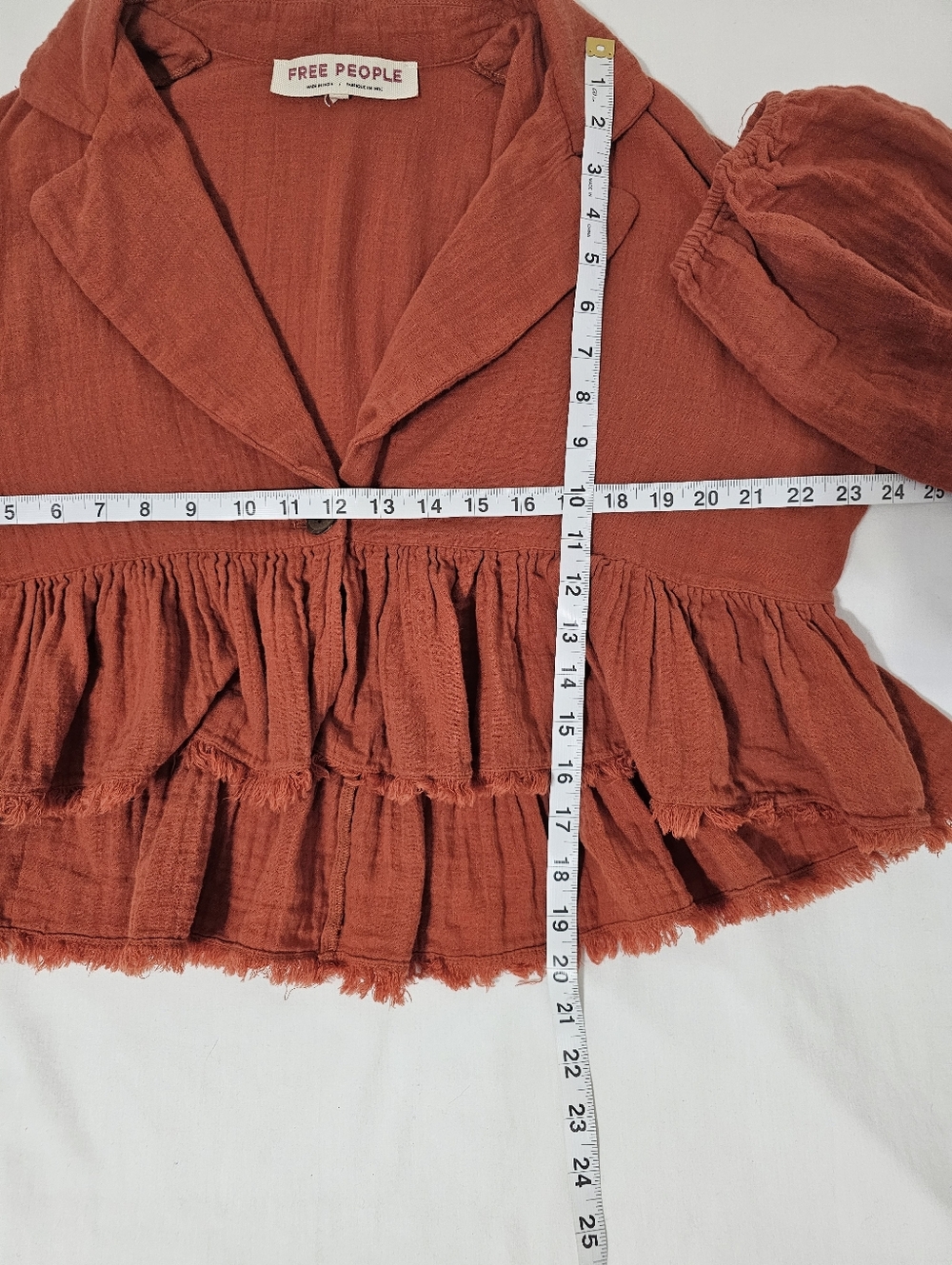 Free People Rust Orange Ruffle Crop Jacket Top XS Boho Cottagecore Cotton Gauze - Picture 6 of 8